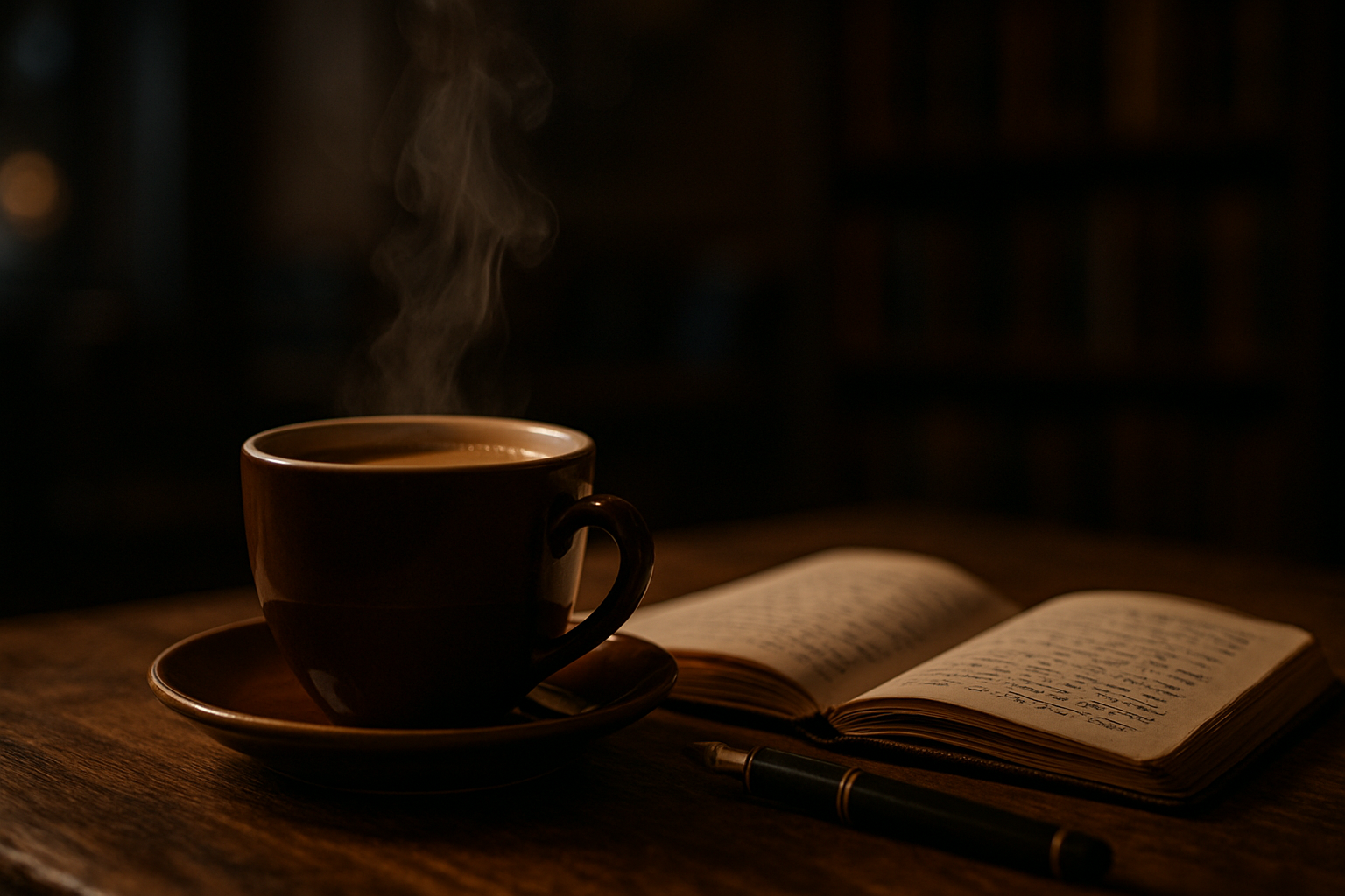 A steaming cup of coffee on a wooden table